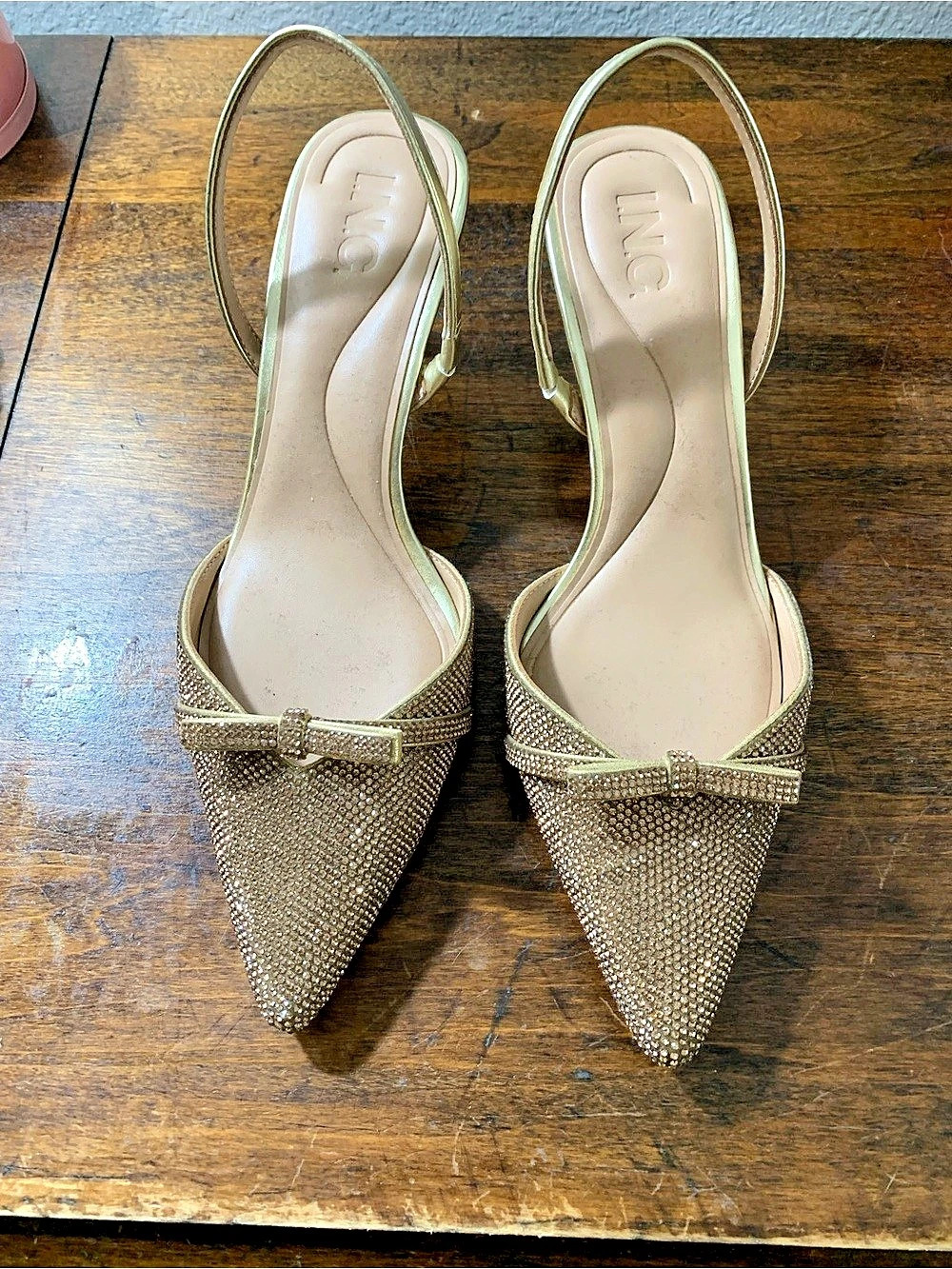 INC International Concepts Gold Rhinestone Bow Slingback Heels – Elegant
